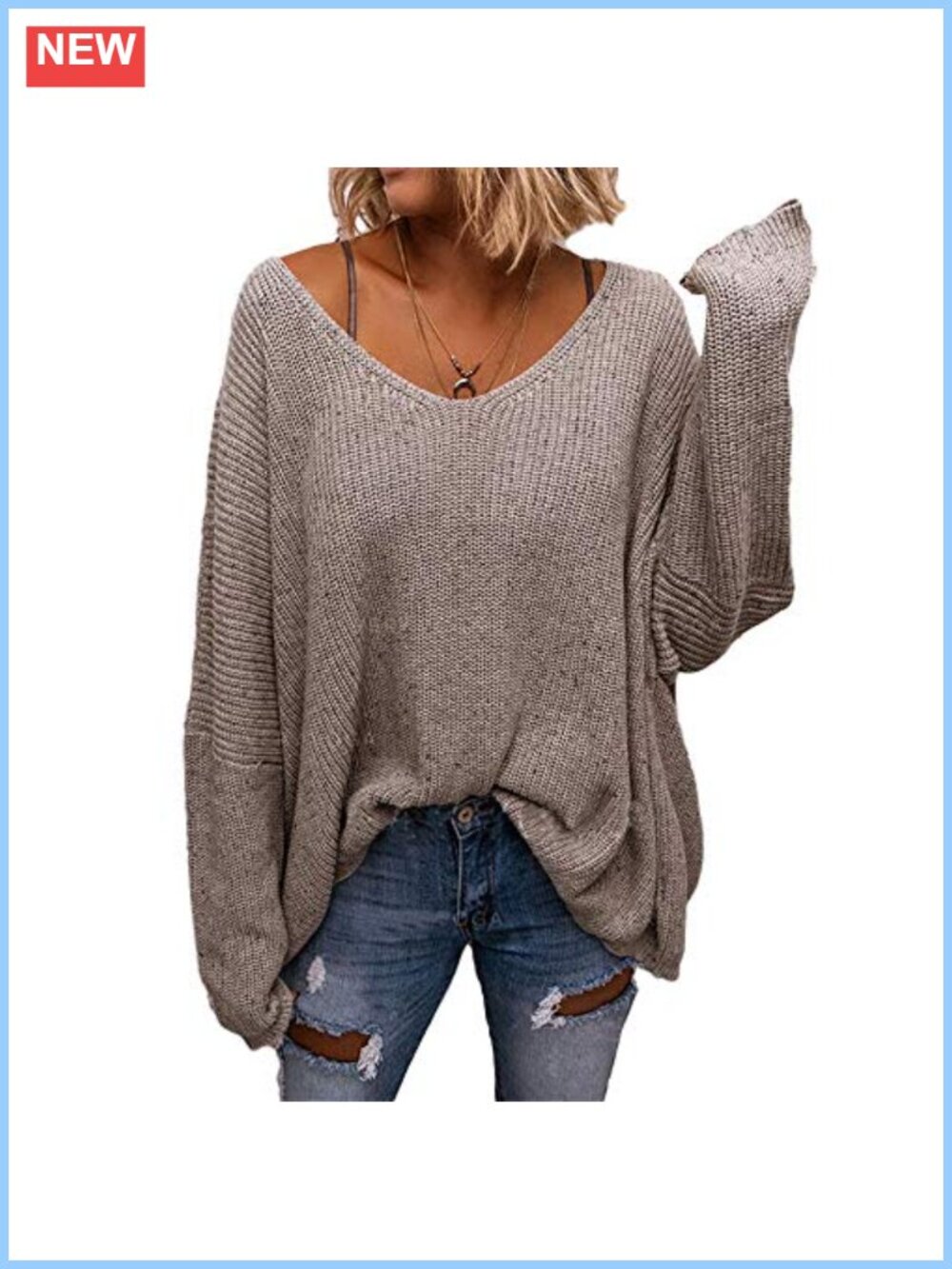 Women's Oversized V Neck Knit Pullover Sweater Long Sleeve Waffle Top